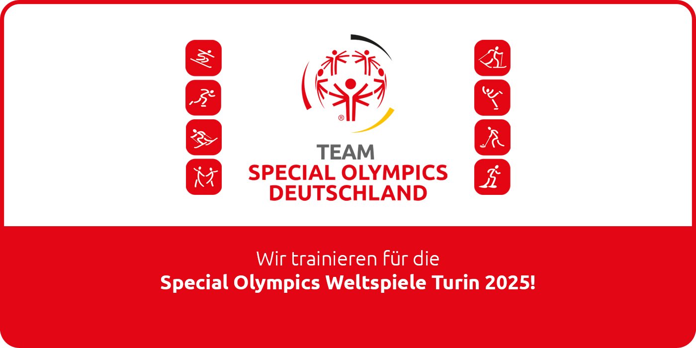 Über dem Slogan "Wir trainieren für die Special Olympics Weltspiele Turin 2025" befinden sich das TeamSOD Logo und die Icons der Wintersportarten, die in Turin stattfinden.